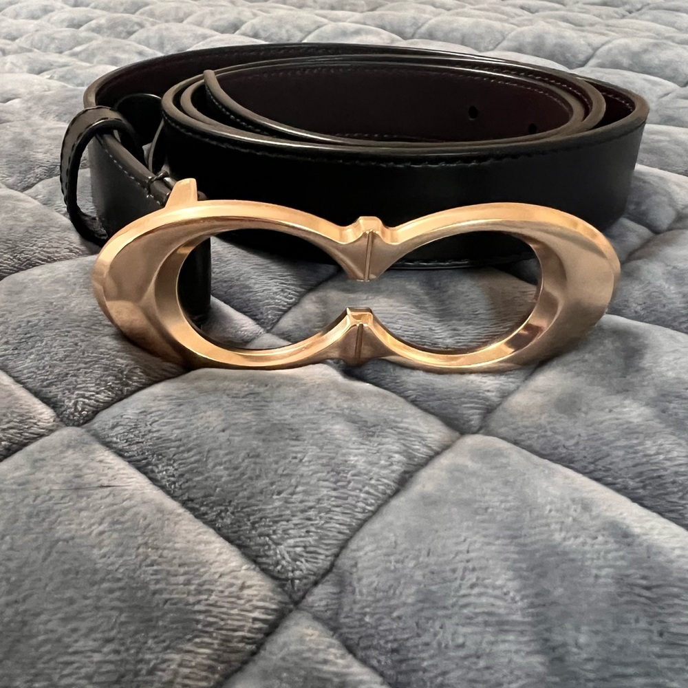 Coach Black and Gold Leather Belt with Infinity Buckle